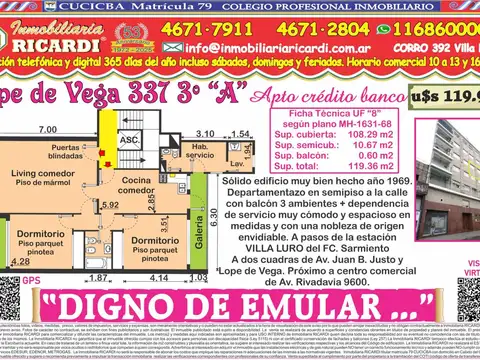 DIGNO DE EMULAR  Semipiso al frente 3 amb.+ hab. de servicio