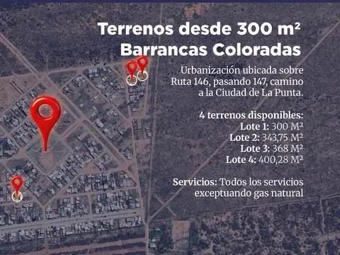 Venta. Terrenos desde 300 m². Barrancas Coloradas. San Luis.