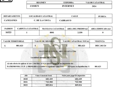 Terreno en Venta en Ciudad de la Costa, USD 1.172.500