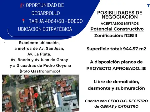 Terreno en Venta 8  mts Frente