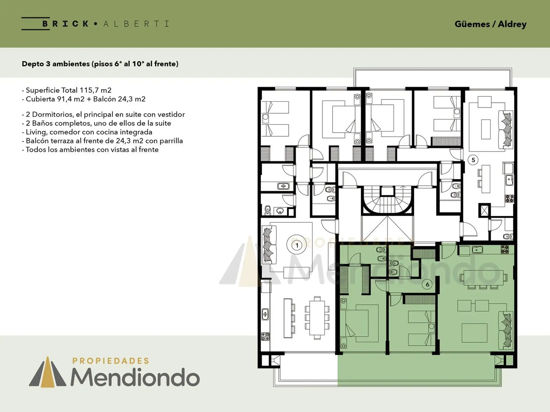 Depto 3 amb de 115m2 al frente con Balcón terraza con parrilla - Zona Güemes Aldrey