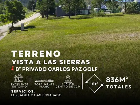 Venta Lote de 836m2 Con Vista A Las Sierras Country Carlos Paz Golf. San Antonio De Arredondo