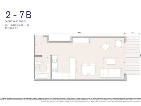 Departamento Monoambiente con 1 baño