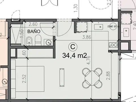 Departamento Monoambiente con 1 baño