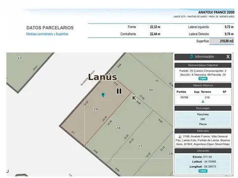 Terreno en Venta en Lanus Este, USD 160.000