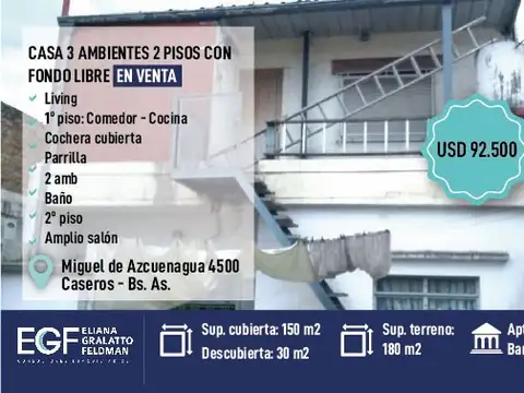 APTO A CREDITO VENTA 3 AMB CASA 2 PISOS CON FONDO LIBRE AZCUENAGUA  4500 CASEROS