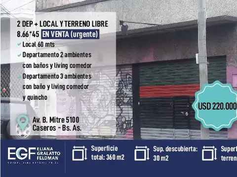 VENTA URGENTE 2 DEP + LOCAL Y TERRENO LIVRE 8.66*45 TOTAL POR MITRE HORNOS Y OLAVARRIA
