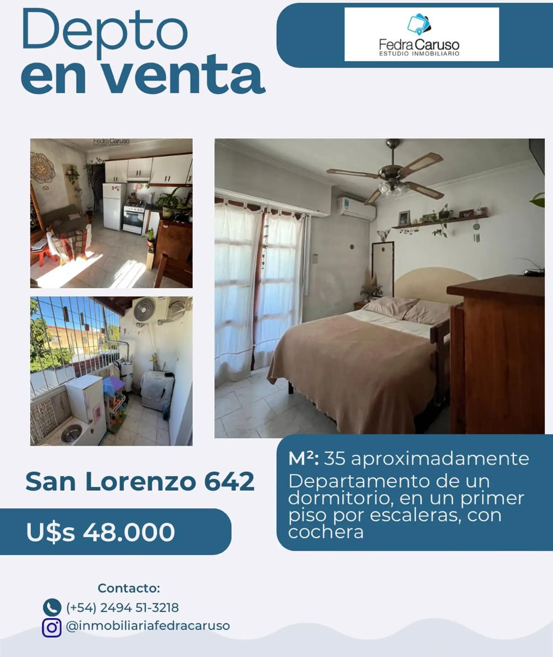 Depto 2 amb de 60 m² con balcón, 1 dorm y cochera — 1º piso por escalera, Centro