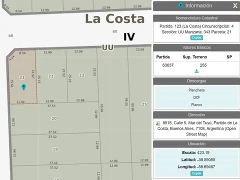 Lote 255m2 en venta en Mar del Tuyu, Partido de la Costa