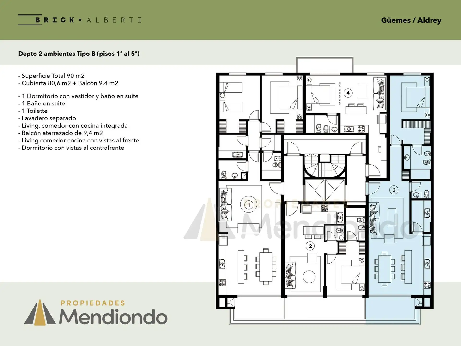 Depto 2 amb de 90m2 al frente con Balcón con parrilla - Zona Güemes Aldrey