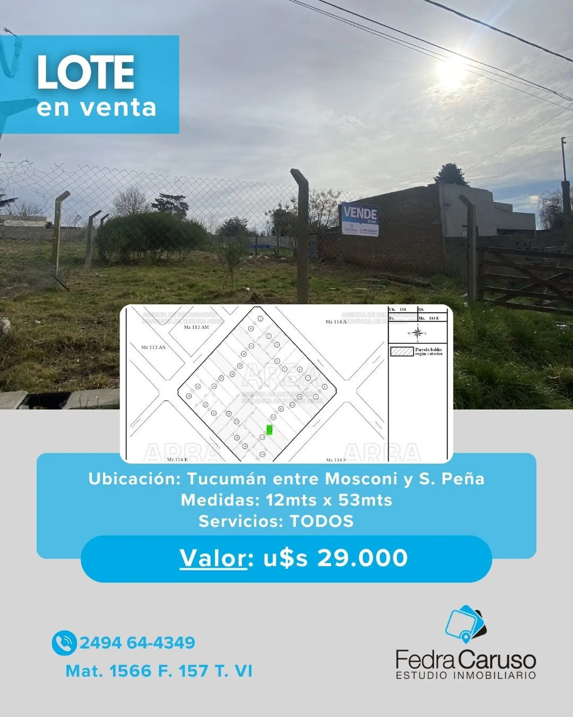 Lote de 647m² en calle Tucumán, todos los servicios
