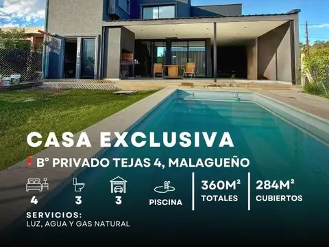 Venta Casa de 4 Dormitorios Pileta y Cochera con Gas Natural En Barrio Privado Tejas 4 – Malagueño