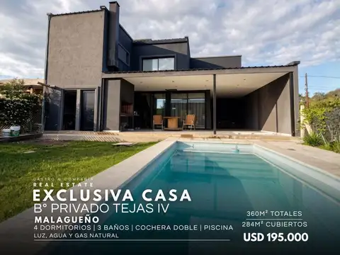 Venta Casa de 4 Dormitorios Pileta y Cochera con Gas Natural En Barrio Privado Tejas 4 – Malagueño