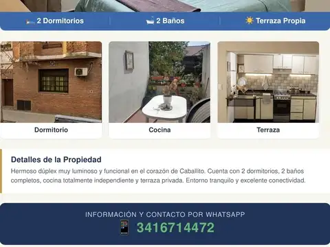Alquiler casa   tipo duplex  " en caballito " coronel a. polinario 1200 caba   hermosa vivienda   2 dormitorios  + 2 baños + cocina comedor amplio  + terraza  + lavadero ! sin expensas  (sin gastos ) espacio aéreo libre c/ terraza !     info y fotos
