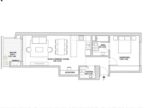 Departamento 2 ambientes con 2 baños