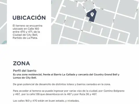 Terreno en venta en barrio cerrado - Calle 160 y 470 - City Bell - La Plata
