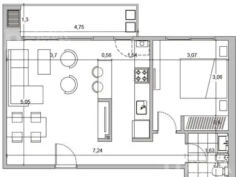 Departamento 2 ambientes con 1 baño