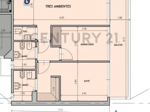 Departamento 3 ambientes con 2 baños