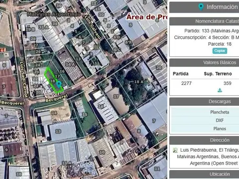 Terreno industrial 359 m2 - Area de Promoción El Triángulo, Malvinas Argentinas