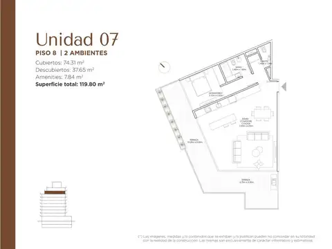 Departamento de 2 ambientes con terraza en venta en Palermo Hollywood