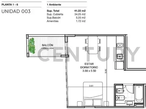 Departamento 2 ambientes con 1 baño