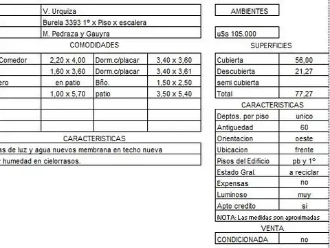Depto Tipo Casa en Venta de 2 dormitorios