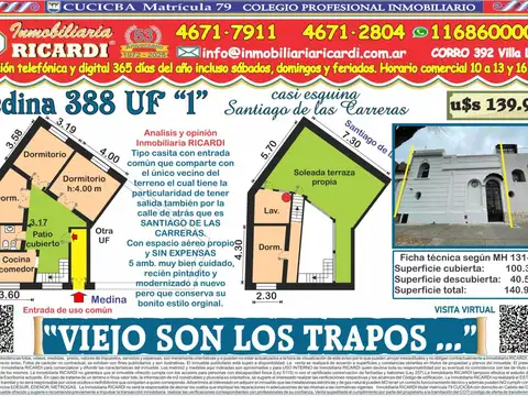 VIEJO SON LOS TRAPOS Tipo casita al frente con terraza 