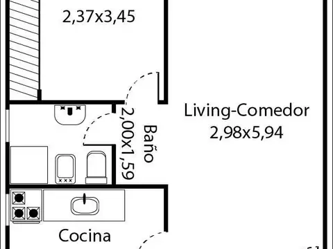 Departamento 2 ambientes con 1 baño
