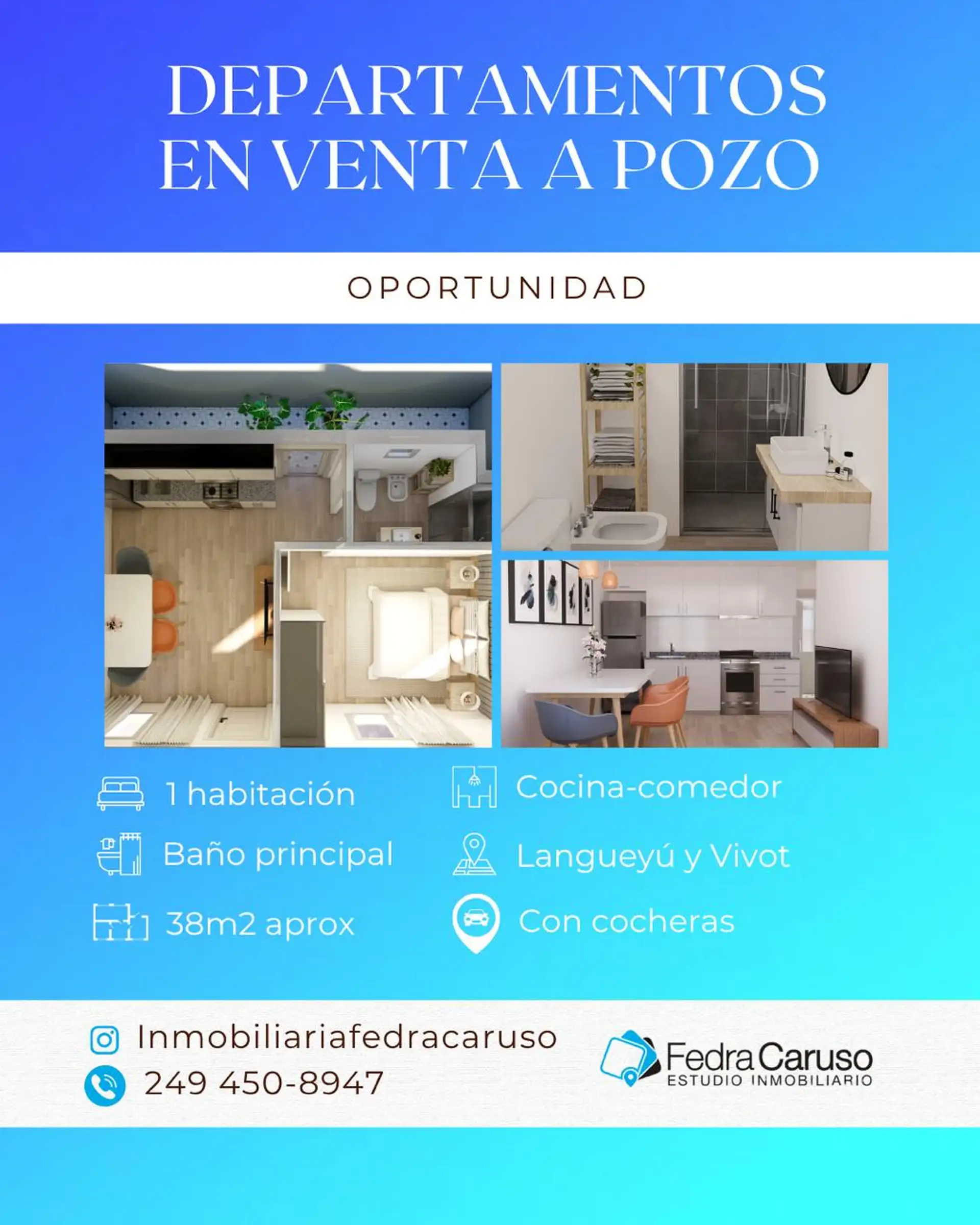Depto 2 amb 34 m² en pozo con balcón y cochera — 1 dorm, Langueyú y Vivot