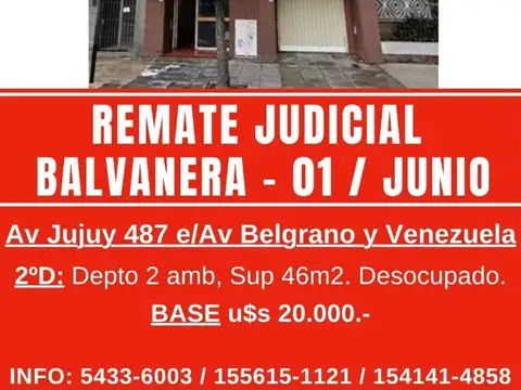 EN REMATE JUDICIAL - DEPTO 2 AMB 46M2- DESOCUPADO. BALVANERA