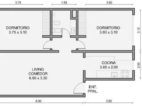 Departamento 3 ambientes con 1 baño