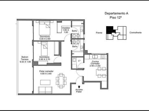 Departamento 3 ambientes con 2 baños