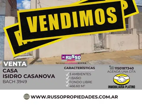 Venta casa 3 ambientes Isidro Casanova