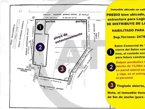 Bien Ubicado TERRENO.2478m2 + (Salón 120m2+Galpon 405m2).