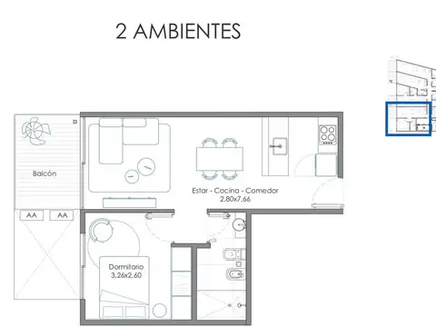Departamento 2 ambientes con 1 baño