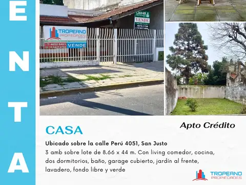 Casa en venta c/ cochera en San Justo