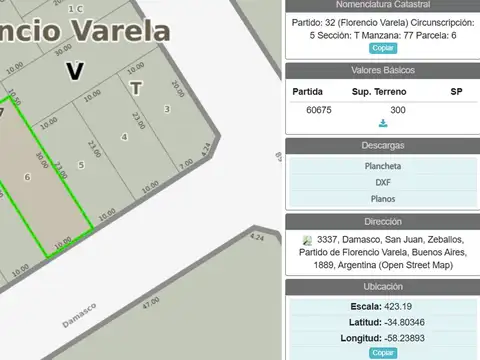 LOTE EN VENTA FLORENCIO VARELA ZEBALLOS