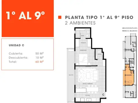 Av. Belgrano 3588 2° C - Almagro - 2 ambientes con balcón amplio en construcción