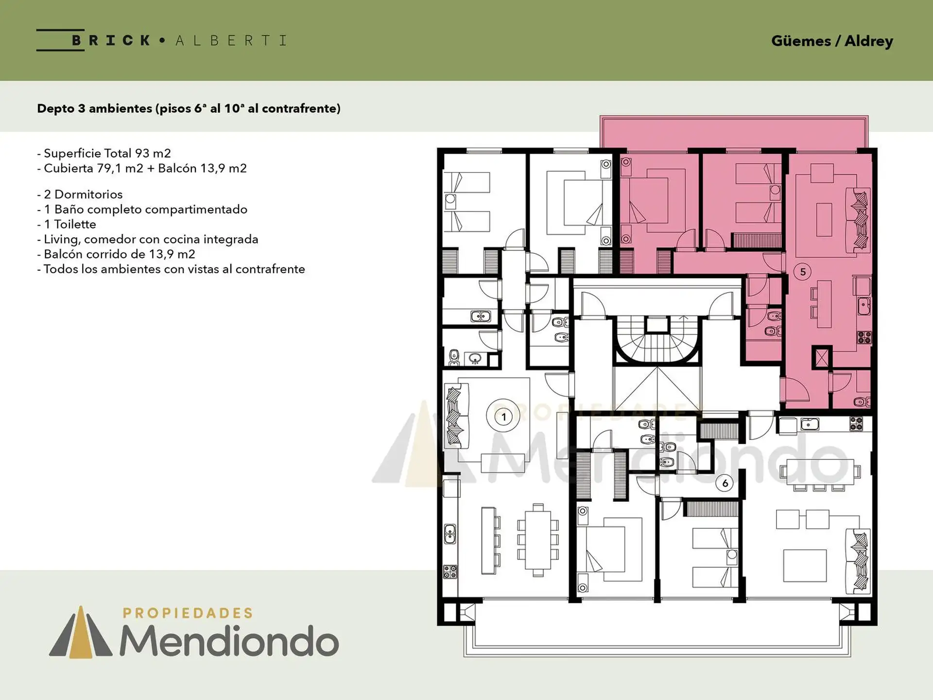 Depto 3 amb de 93m2 al contrafrente con gran Balcón - Zona Güemes Aldrey