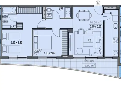 Departamento 3 ambientes con 2 baños