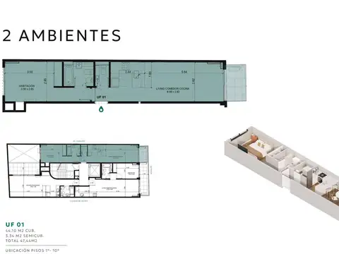 Departamento 2 ambientes con 1 baño