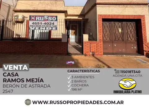 Venta Casa 3 ambientes con cochera Ramos Mejia