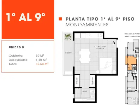 Av. Belgrano 3588 4° B - Monoambiente con balcón en construcción en Almagro