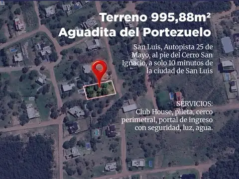 VENTA. Terreno 995,88m2. Aguadita del Portezuelo