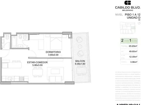 Departamento 2 ambientes con 1 baño