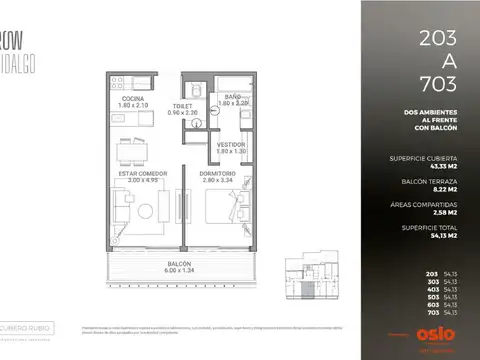 Departamento en alquiler de 2 ambientes en Caballito de 54m2 y bicicletero.