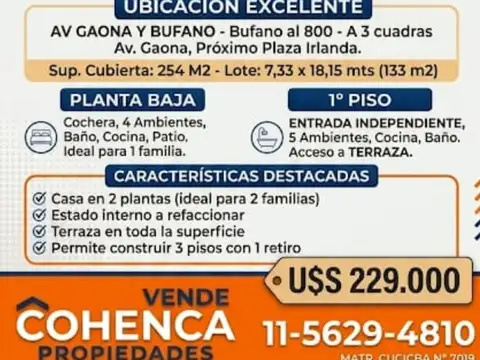 FLORES NORTE CASA 10 AMB. Y GARAGE A REFACCIONAR