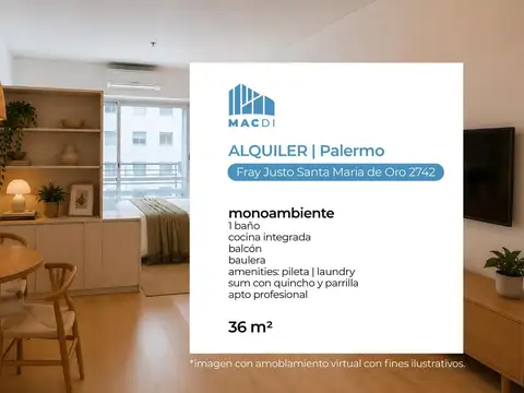 Excelente Dpto. mono ambiente super amplio divisible en alquiler con amenities