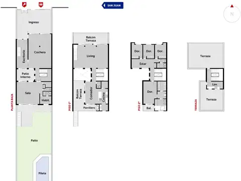 Casa de tres pisos con jardín, piscina y balcón. con 4 dormitorios y cochera doble.