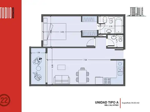 Departamento Monoambiente con 1 baño